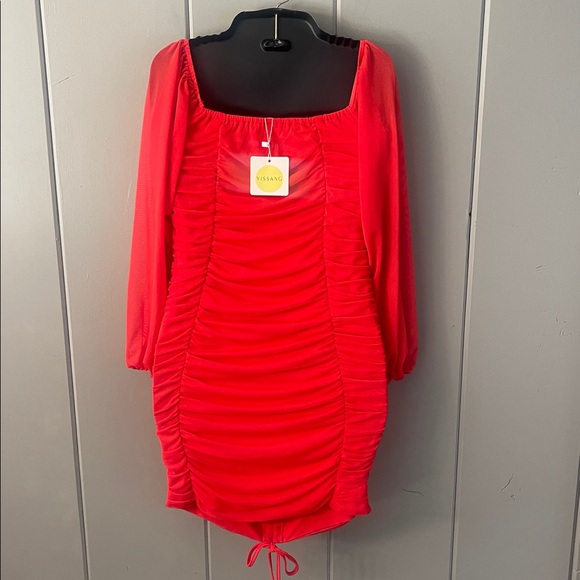 NWT Yissang Off Shoulder Drawstring Ruched Mini Bodycon Dress Red Stretchy Mesh - Picture 2 of 4